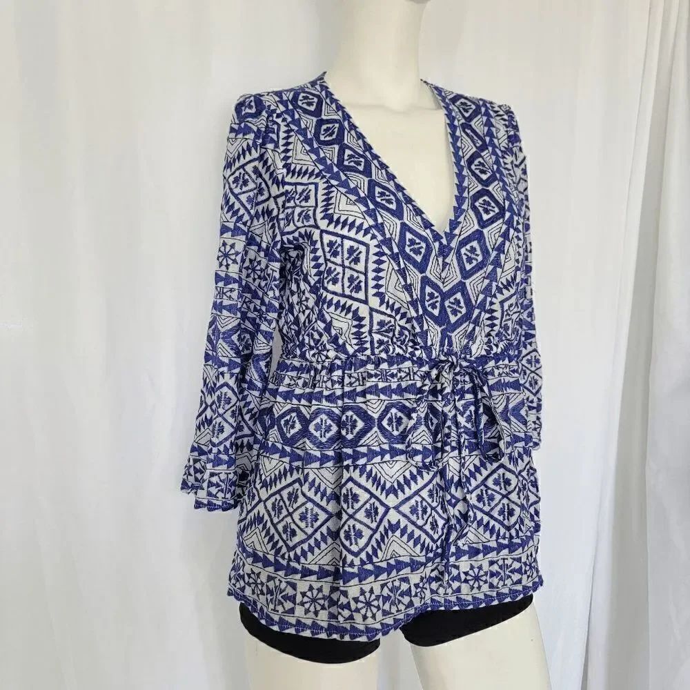 Mark New York women's blue embroidered v neck blouse fits S/M